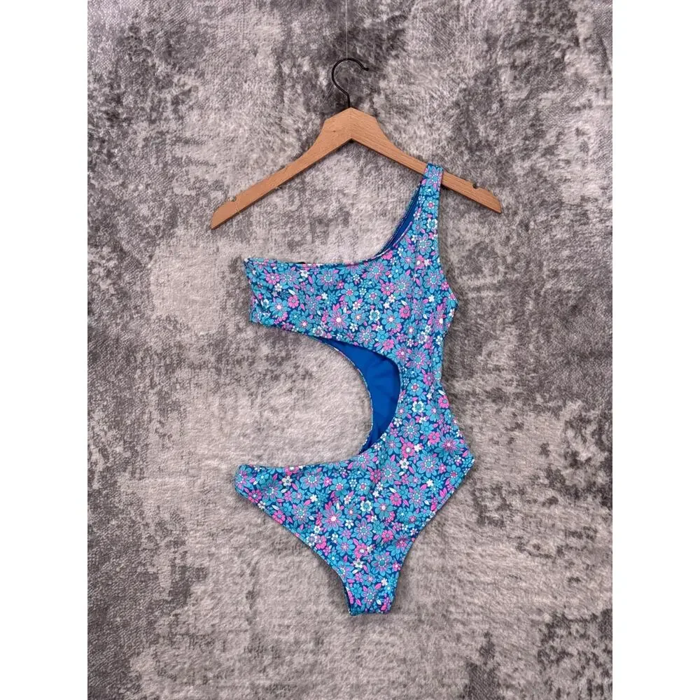 Frankies Bikinis One Piece Swimsuit Medium Womens Blue Floral Cutout